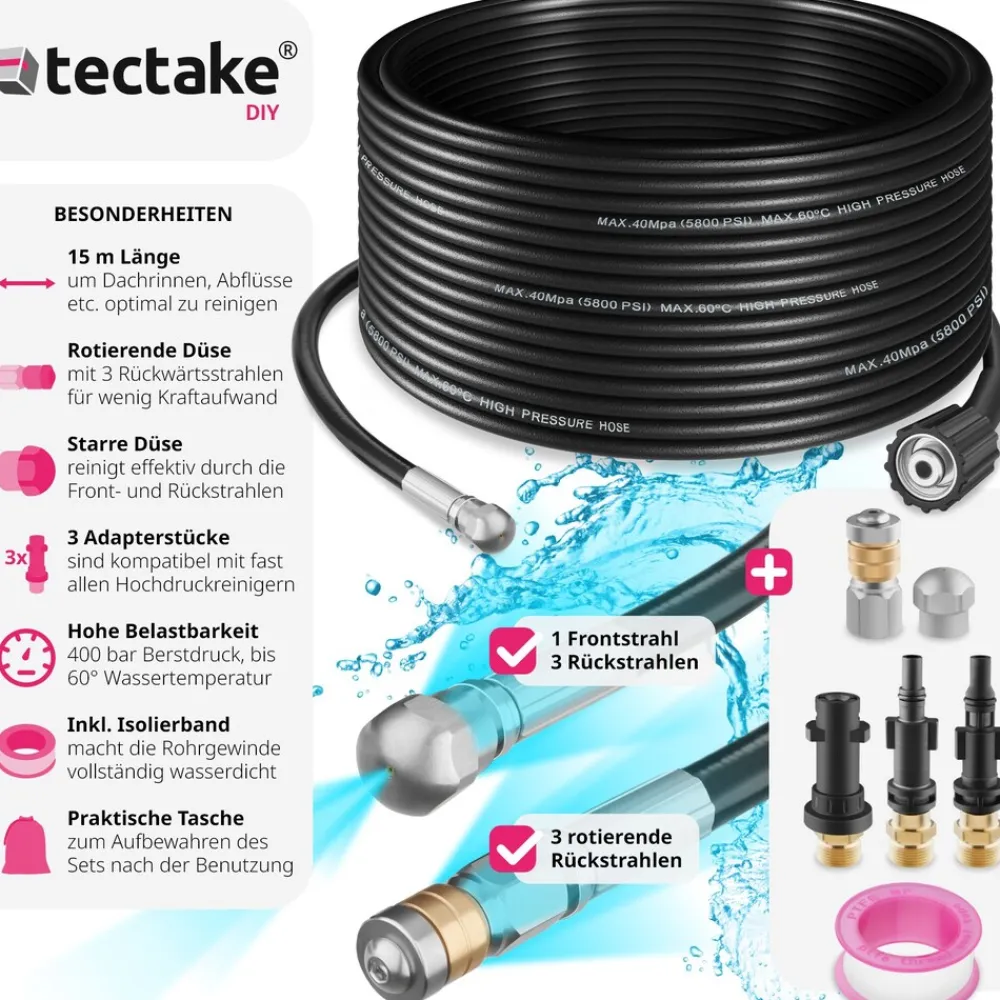 TecTake ® Rohrreinigungsschlauch-Set, 8-teilig, in 2 Größen, 3 Adapterstücke, inkl. Aufbewahrungsbeutel Sale
