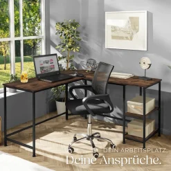 TecTake ® Schreibtisch, Industrial Style, Seitenregal mit 2 Ablagefächern, 138 x 138 x 75,5 cm Industrial Holz dunkel, rustikal New