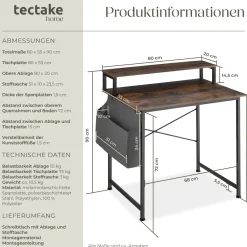 ® Schreibtisch, Industrial Style, mit Monitorständer und Aufbewahrungstasche, 80 x 55 x 90 cm ^ TecTake