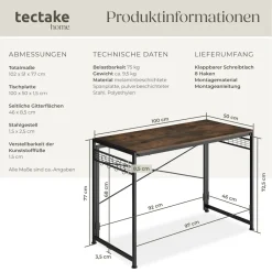 TecTake ® Schreibtisch, Industrial Style, klappbar, mit seitlichen Gitterflächen und 8 Haken, 102 x 51 x 77 cm Industrial Holz dunkel, rustikal Hot