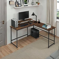 TecTake ® Schreibtisch, Industrial Style, mit verschiebbarem Monitoraufsatz, 140 x 130 x 76,5 cm Industrial Holz dunkel, rustikal