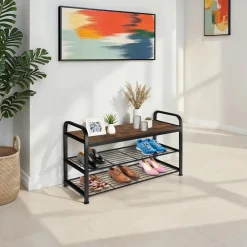 TecTake ® Schuhregal, Industrial Style, Ablage und 2 Gitterablagen, 91 x 36 x 55 cm Industrial Holz dunkel, rustikal Discount