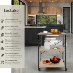 TecTake ® Servierwagen, Industrial Style, mit 3 Ebenen, inklusive 6 Haken, 65,5 x 45,5 x 88,5 cm Industrial Holz dunkel, rustikal Outlet