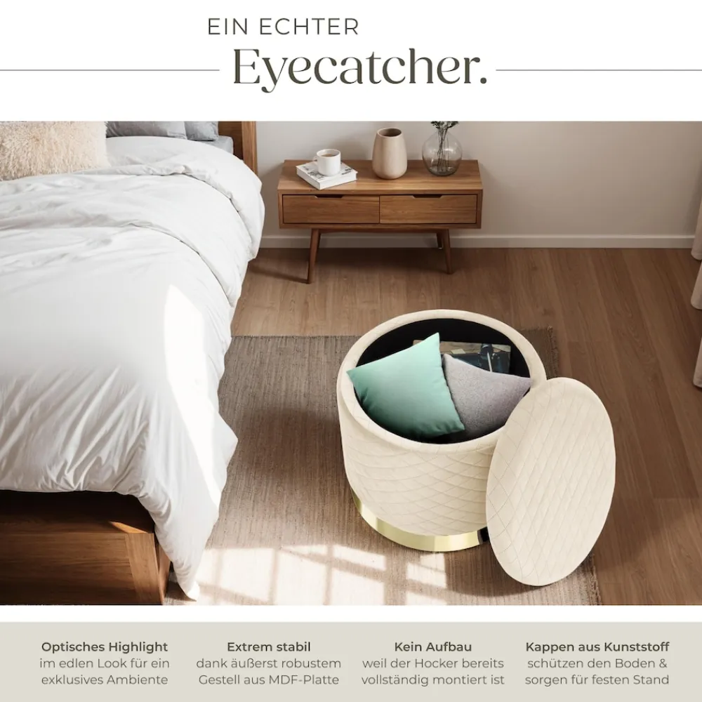 ® Sitzhocker mit Stauraum, rund, gepolstert, in Samtoptik mit Steppmuster ^ TecTake Online