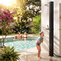 TecTake ® Solardusche, 35 Liter, mit Seifenablage, Regenduschkopf mit Kugelgelenk, extra Wasserhahn, inklusive Schutzhülle New