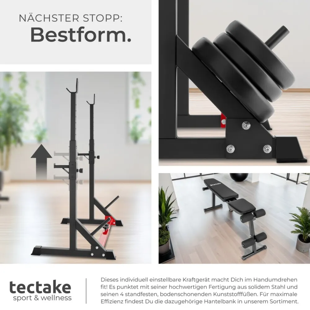 TecTake ® Squat Rack, multifunktional, Höhe und Breite verstellbar, bodenschonende Kunststoffkappen, inklusive 2 Aufnahmen für Hantelscheiben Best