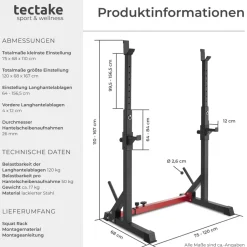 TecTake ® Squat Rack, multifunktional, Höhe und Breite verstellbar, bodenschonende Kunststoffkappen, inklusive 2 Aufnahmen für Hantelscheiben Best