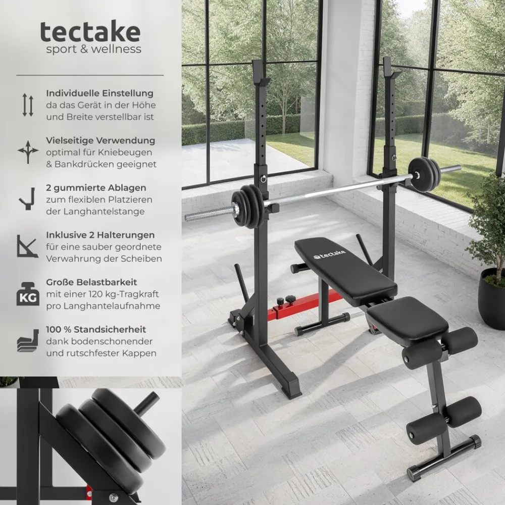 TecTake ® Squat Rack, multifunktional, Höhe und Breite verstellbar, bodenschonende Kunststoffkappen, inklusive 2 Aufnahmen für Hantelscheiben Best