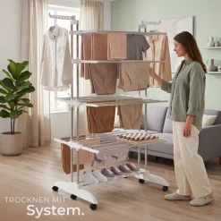 TecTake ® Turmwäscheständer, klappbar, 2 schwenkbare Seitenflügel, 6 drehbare Doppelrollen, 2 mit Feststellbremsen Sale