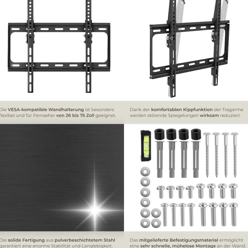 ® TV Wandhalterung, für 26 - 75 Zoll (66 - 191 cm), neigbar und stufenlos breitenverstellbar, bis 100 kg ^ TecTake Clearance