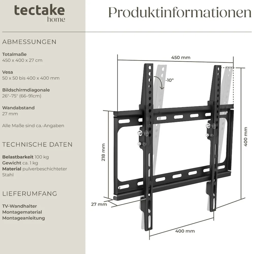 ® TV Wandhalterung, für 26 - 75 Zoll (66 - 191 cm), neigbar und stufenlos breitenverstellbar, bis 100 kg ^ TecTake Clearance