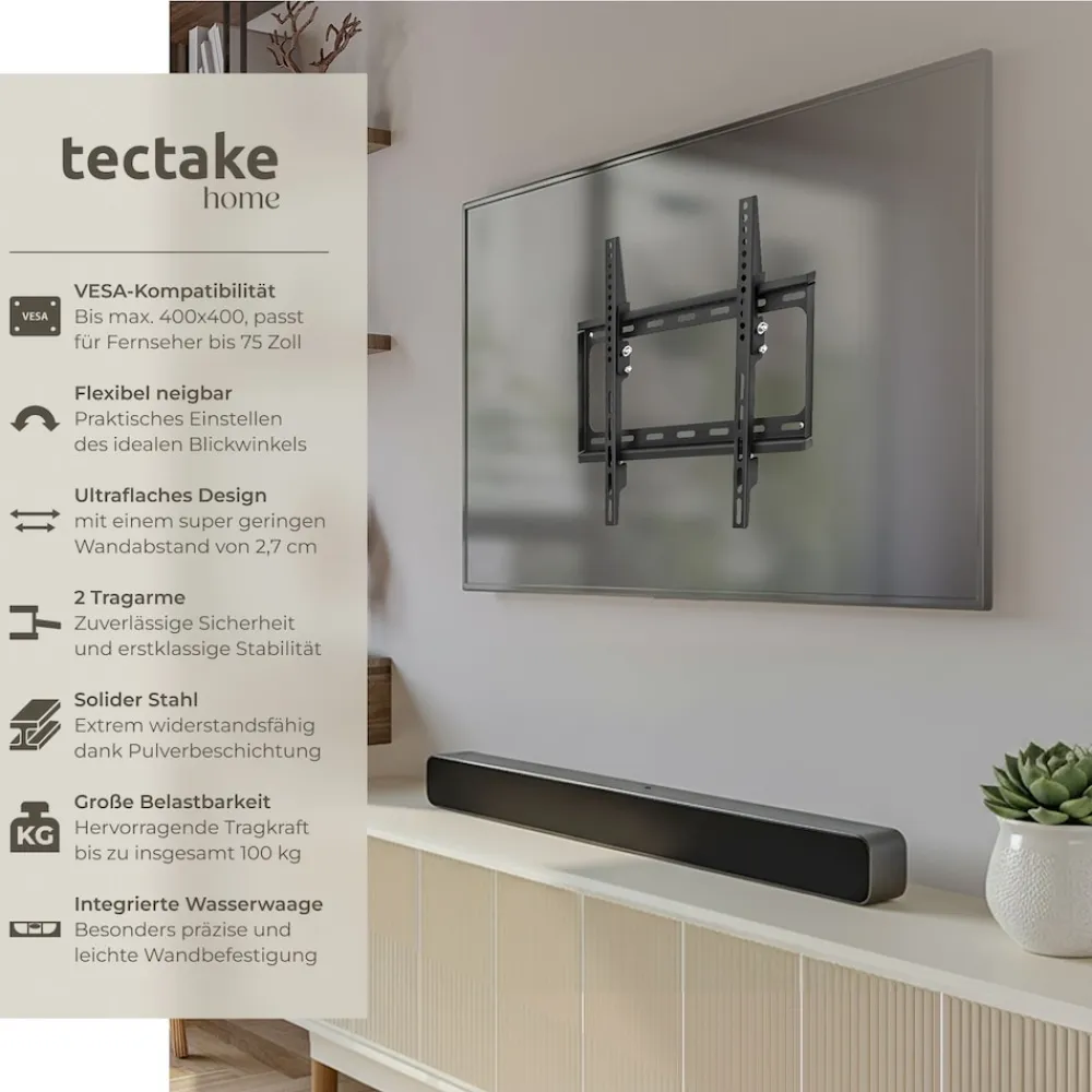 ® TV Wandhalterung, für 26 - 75 Zoll (66 - 191 cm), neigbar und stufenlos breitenverstellbar, bis 100 kg ^ TecTake Clearance