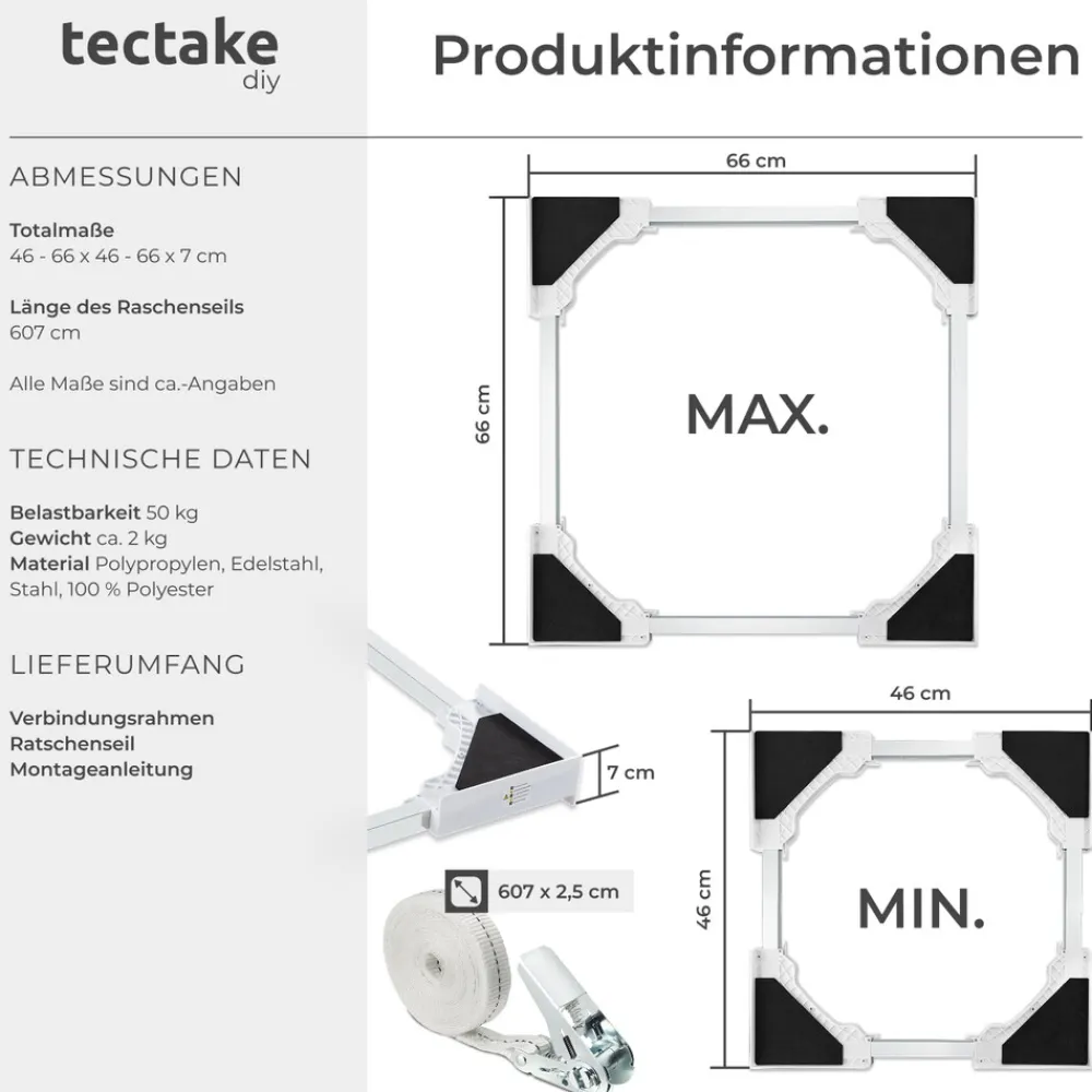 ® Verbindungsrahmen, für Waschmaschinen und Wäschetrockner, langlebiger Kunststoff und rostfreier Edelstahl, 46 - 66 x 46 - 66 x 7 cm, inklusive Ratschenseil ^ TecTake Sale