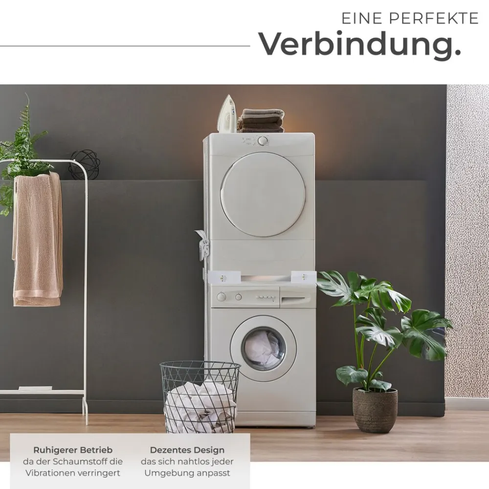 ® Verbindungsrahmen, für Waschmaschinen und Wäschetrockner, langlebiger Kunststoff und rostfreier Edelstahl, 46 - 66 x 46 - 66 x 7 cm, inklusive Ratschenseil ^ TecTake Sale