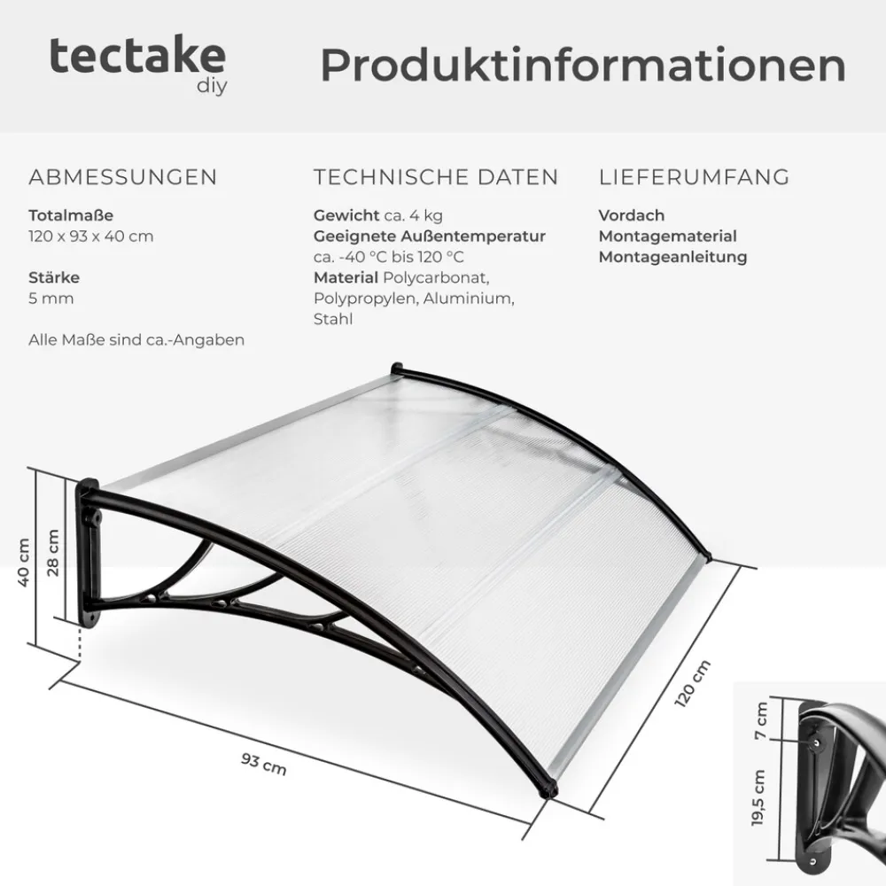 TecTake ® Vordach, in Bogenform, transparent und UV-beständig, 120 x 93 cm Clearance