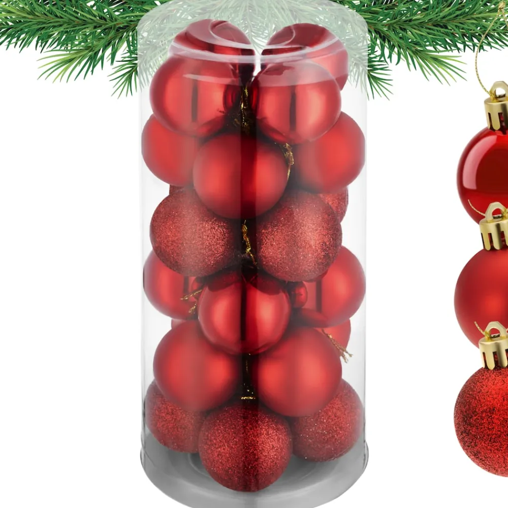 ® Weihnachtskugeln, 24er-Set in Rot, matt, glänzend und glitzernd, Durchmesser 4 cm ^ TecTake New