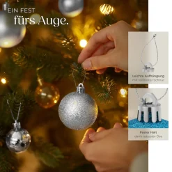TecTake ® Weihnachtskugeln, 64er-Set in SIlber und Blau, matt, glänzend, glitzernd und mit Eisblumen-Verzierung, Durchmesser 6 cm New