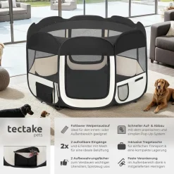TecTake ® Welpenauslauf, faltbar, für Innen- und Außenbereich, 2 Eingänge und 6 Fenster, 115 x 115 x 64 cm, inklusive Tragetasche und Heringe schwarz Best