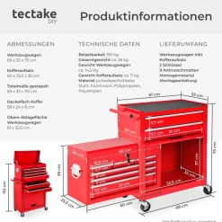 TecTake ® Werkzeugwagen, 8 kugelgelagerte Schubladen mit Antirutschmatten, großes Klappfach, mobiler Kofferaufsatz mit zentraler Sicherheitsverriegelung, Rollen Ø 100 mm rot Discount
