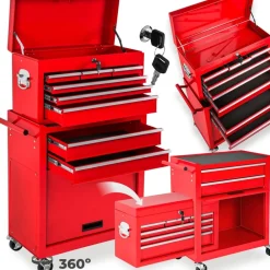 TecTake ® Werkzeugwagen, 8 kugelgelagerte Schubladen mit Antirutschmatten, großes Klappfach, mobiler Kofferaufsatz mit zentraler Sicherheitsverriegelung, Rollen Ø 100 mm rot Discount