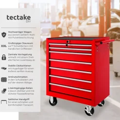 TecTake ® Werkzeugwagen, 7 kugelgelagerte Schubladen mit Antirutschmatten, zentrale Sicherheitsverriegelung, Rollen Ø 100 mm rot Discount