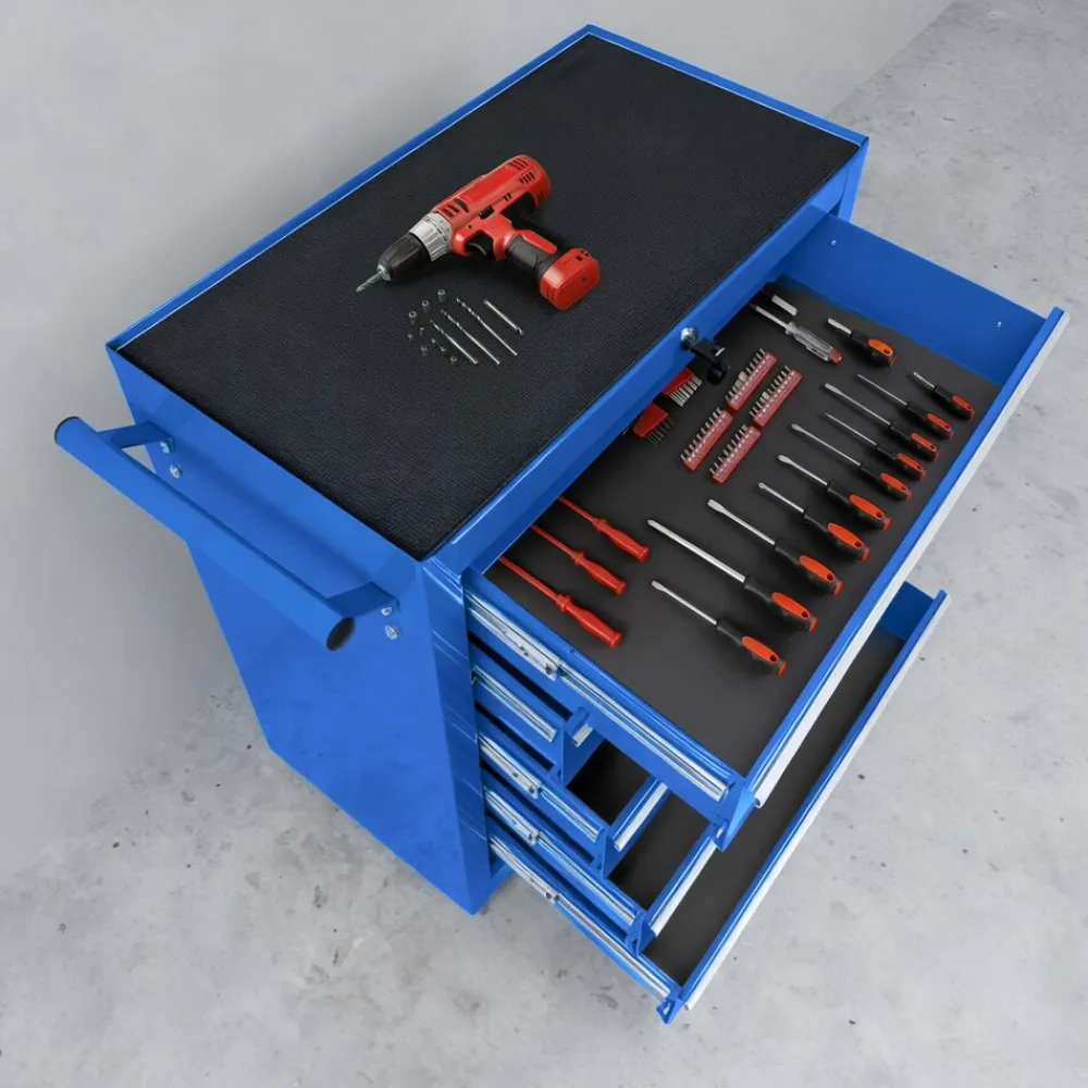 TecTake ® Werkzeugwagen, 5 kugelgelagerte Schubladen mit Antirutschmatten, zentrale Sicherheitsverriegelung, Rollen Ø 100 mm blau Discount
