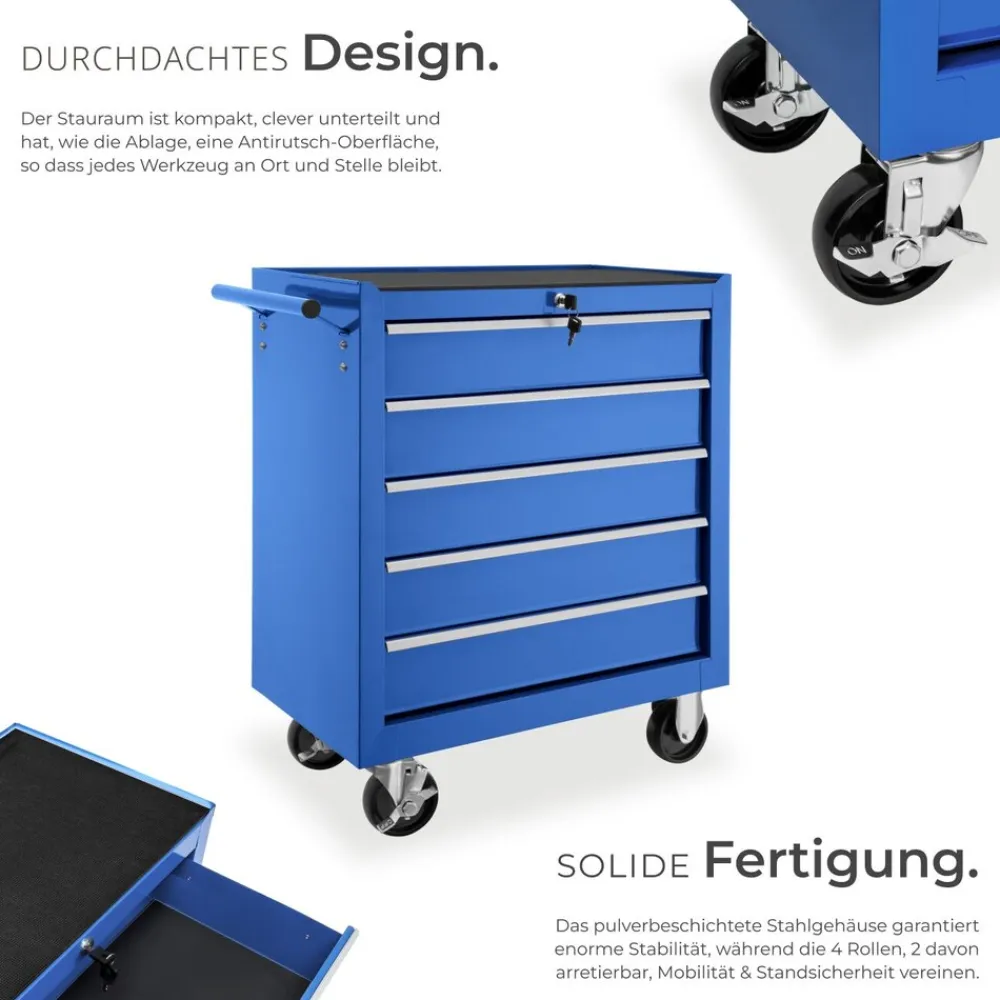 TecTake ® Werkzeugwagen, 5 kugelgelagerte Schubladen mit Antirutschmatten, zentrale Sicherheitsverriegelung, Rollen Ø 100 mm blau Discount