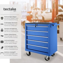 TecTake ® Werkzeugwagen, 5 kugelgelagerte Schubladen mit Antirutschmatten, zentrale Sicherheitsverriegelung, Rollen Ø 100 mm blau Discount