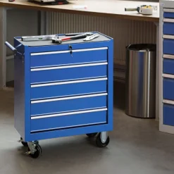 TecTake ® Werkzeugwagen, 5 kugelgelagerte Schubladen mit Antirutschmatten, zentrale Sicherheitsverriegelung, Rollen Ø 100 mm blau Discount