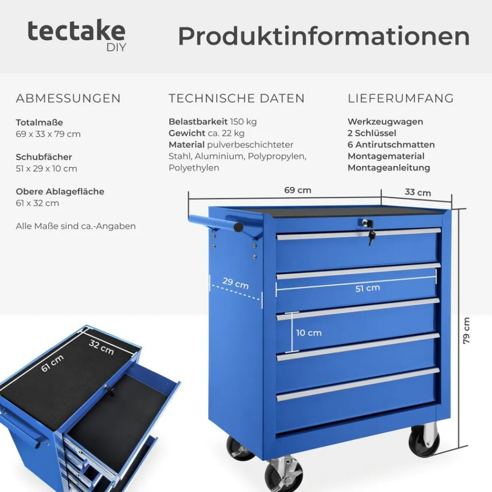 TecTake ® Werkzeugwagen, 5 kugelgelagerte Schubladen mit Antirutschmatten, zentrale Sicherheitsverriegelung, Rollen Ø 100 mm blau Discount
