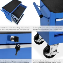TecTake ® Werkzeugwagen, 5 kugelgelagerte Schubladen mit Antirutschmatten, zentrale Sicherheitsverriegelung, Rollen Ø 100 mm blau Discount