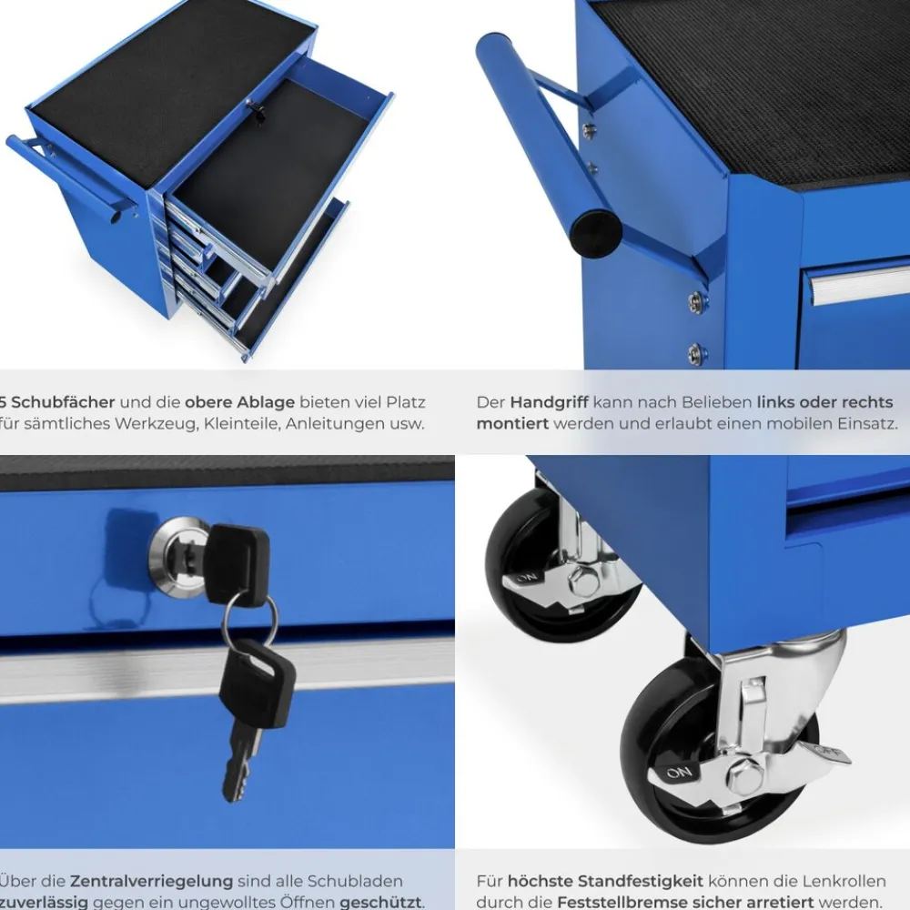 TecTake ® Werkzeugwagen, 5 kugelgelagerte Schubladen mit Antirutschmatten, zentrale Sicherheitsverriegelung, Rollen Ø 100 mm blau Discount
