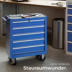 TecTake ® Werkzeugwagen, 5 kugelgelagerte Schubladen mit Antirutschmatten, zentrale Sicherheitsverriegelung, Rollen Ø 100 mm blau Discount