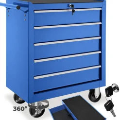 TecTake ® Werkzeugwagen, 5 kugelgelagerte Schubladen mit Antirutschmatten, zentrale Sicherheitsverriegelung, Rollen Ø 100 mm blau Discount