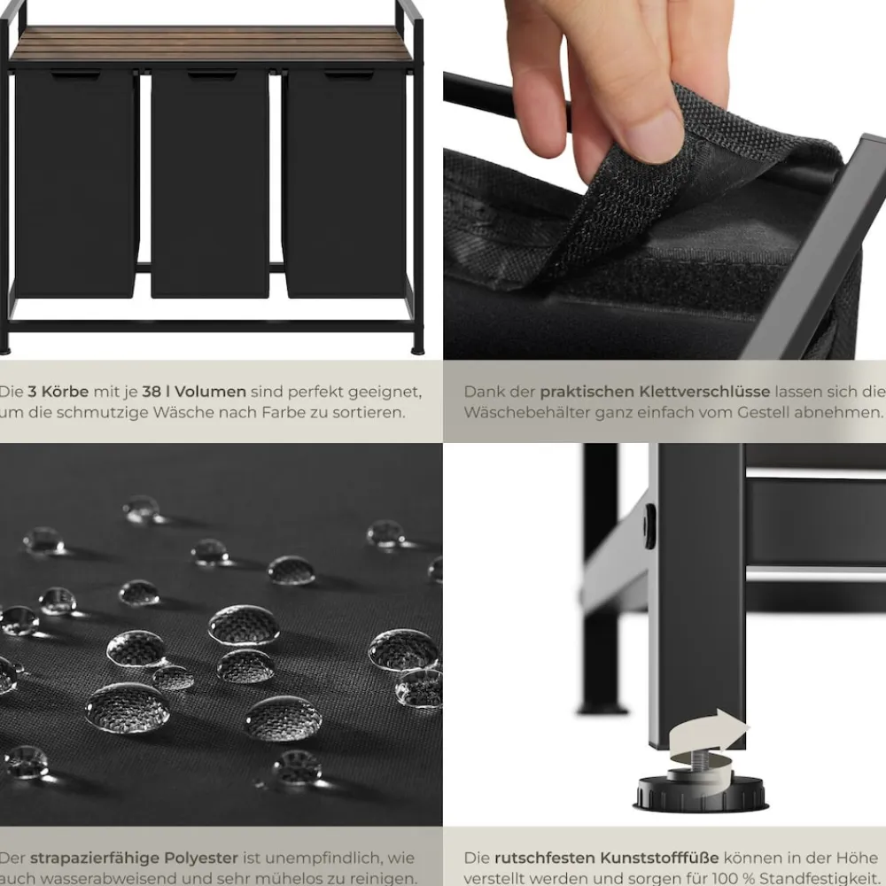 ® Wäschesortierer, Industrial-Style, 2 oder 3 ausziehbare Fächer, mit Ablage, höhenverstellbare Kunststofffüße ^ TecTake Discount