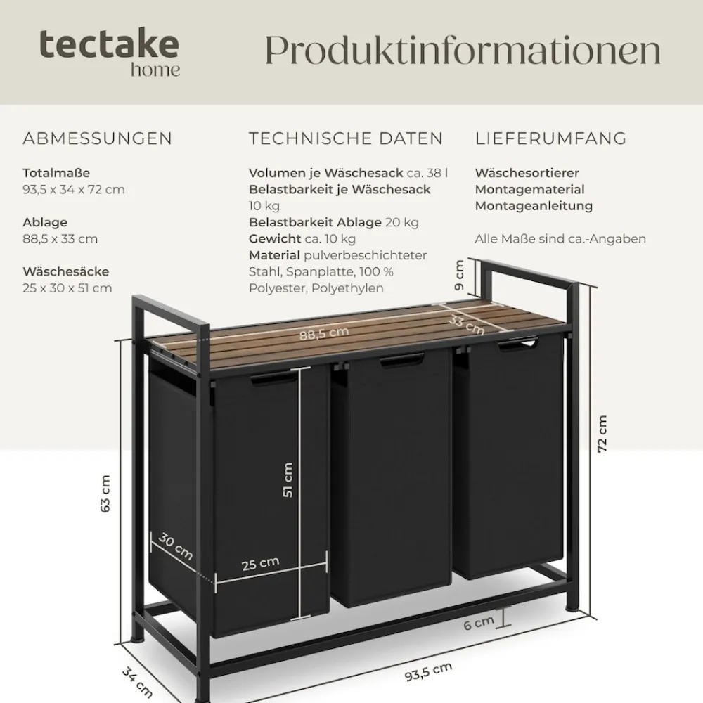 ® Wäschesortierer, Industrial-Style, 2 oder 3 ausziehbare Fächer, mit Ablage, höhenverstellbare Kunststofffüße ^ TecTake Discount