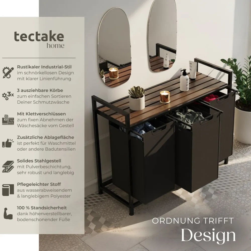 ® Wäschesortierer, Industrial-Style, 2 oder 3 ausziehbare Fächer, mit Ablage, höhenverstellbare Kunststofffüße ^ TecTake Discount
