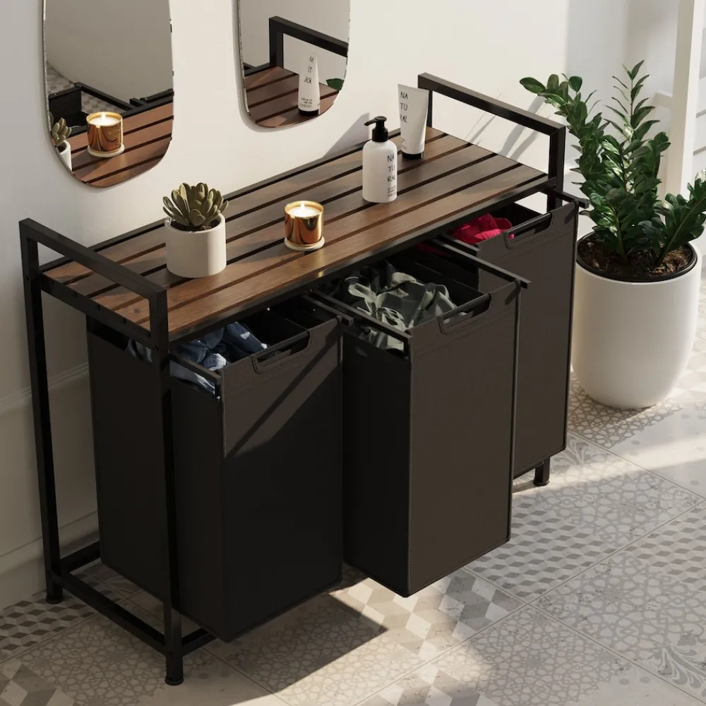 ® Wäschesortierer, Industrial-Style, 2 oder 3 ausziehbare Fächer, mit Ablage, höhenverstellbare Kunststofffüße ^ TecTake Discount