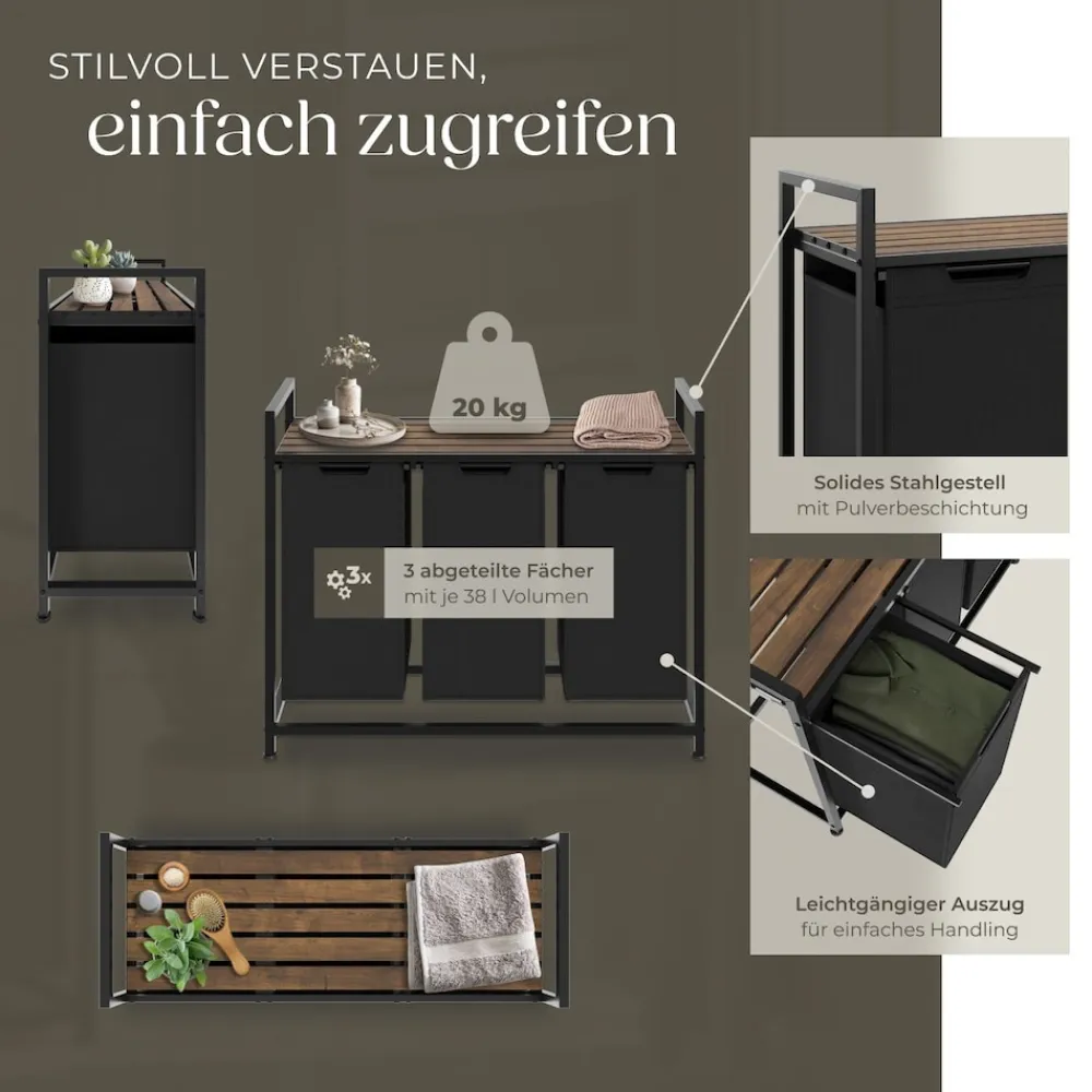 ® Wäschesortierer, Industrial-Style, 2 oder 3 ausziehbare Fächer, mit Ablage, höhenverstellbare Kunststofffüße ^ TecTake Discount