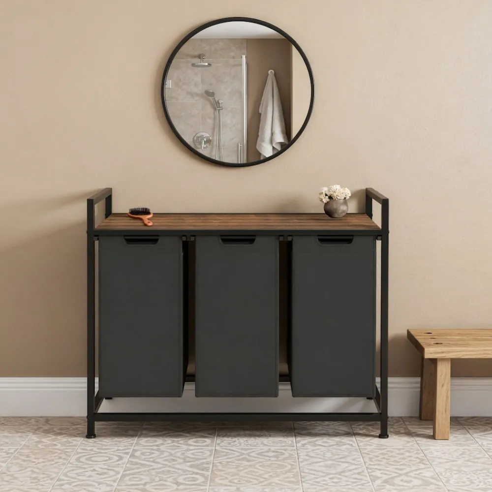 ® Wäschesortierer, Industrial-Style, 2 oder 3 ausziehbare Fächer, mit Ablage, höhenverstellbare Kunststofffüße ^ TecTake Discount