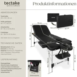 TecTake ® 3 Zonen Massageliege, Breite 70 cm, Polsterung 5 cm, mit Aluminiumgestell, 212 x 103 x 90 cm schwarz Best
