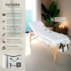 TecTake ® 3 Zonen Massageliege, Breite 70 cm, Polsterung 10 cm, mit Holzgestell, 218 x 102 x 90 cm weiß Clearance