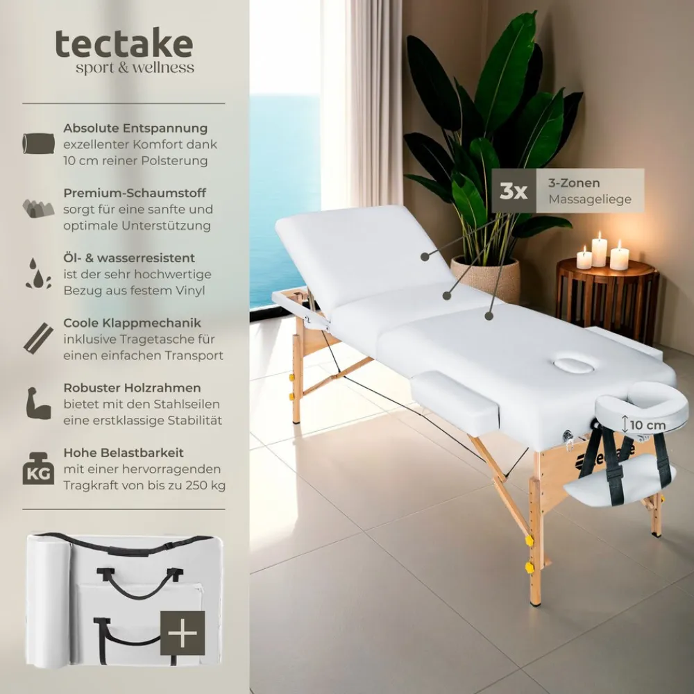 TecTake ® 3 Zonen Massageliege, Breite 70 cm, Polsterung 10 cm, mit Holzgestell, 218 x 102 x 90 cm weiß Clearance