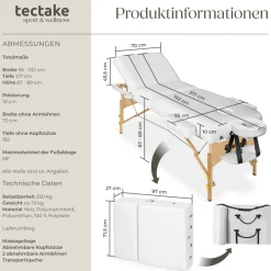 TecTake ® 3 Zonen Massageliege, Breite 70 cm, Polsterung 10 cm, mit Holzgestell, 218 x 102 x 90 cm weiß Clearance