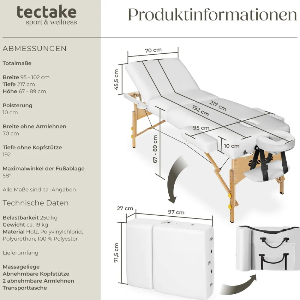 TecTake ® 3 Zonen Massageliege, Breite 70 cm, Polsterung 10 cm, mit Holzgestell, 218 x 102 x 90 cm weiß Clearance