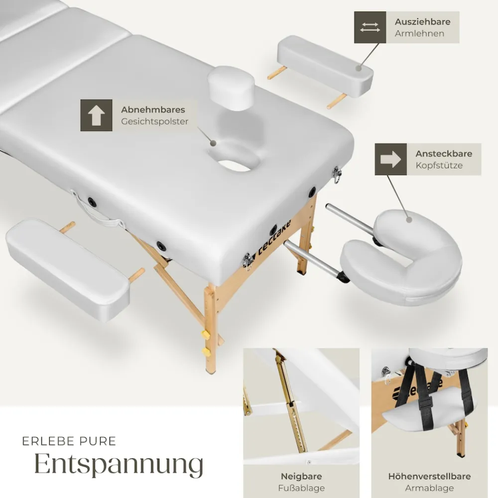 TecTake ® 3 Zonen Massageliege, Breite 70 cm, Polsterung 10 cm, mit Holzgestell, 218 x 102 x 90 cm weiß Clearance