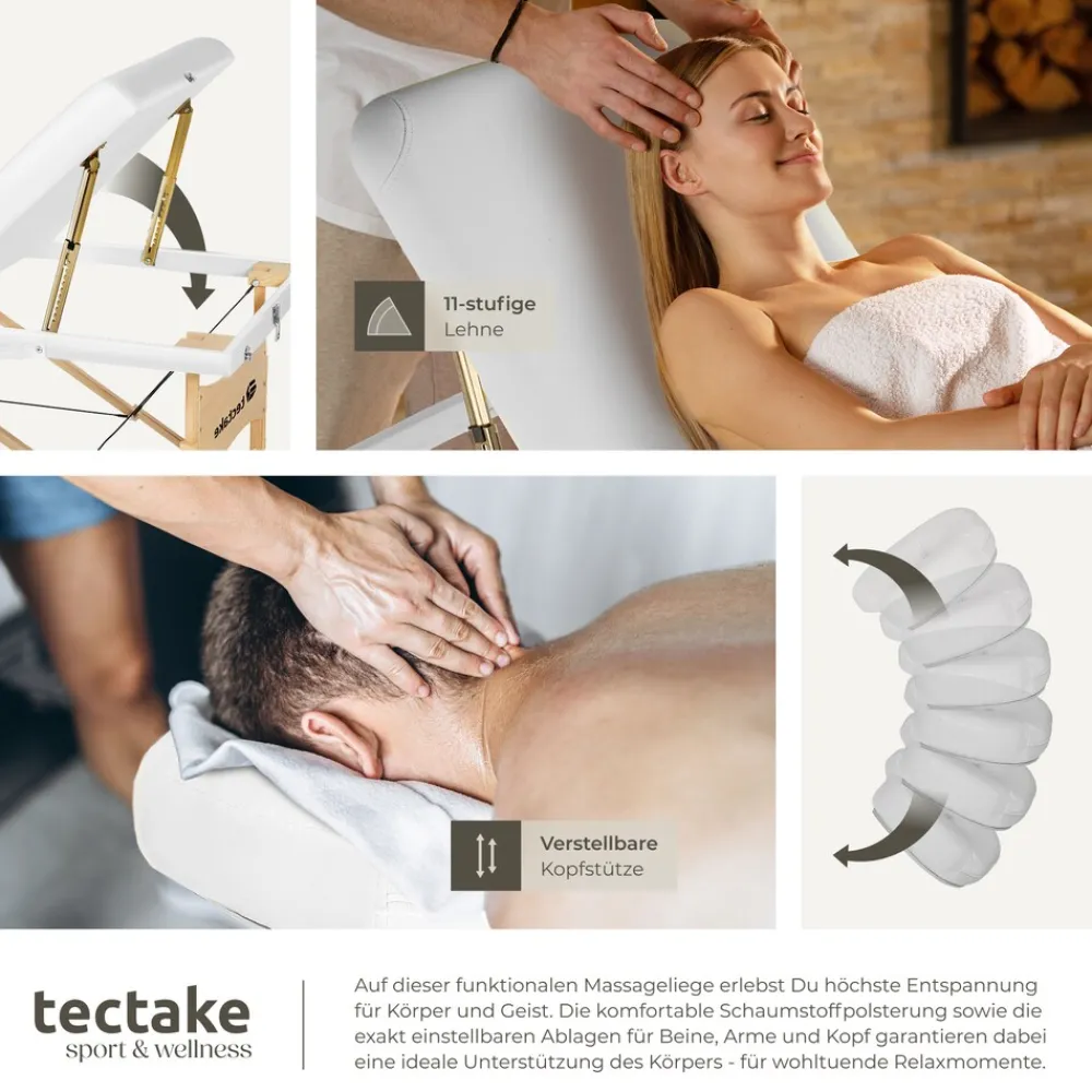 TecTake ® 3 Zonen Massageliege, Breite 70 cm, Polsterung 10 cm, mit Holzgestell, 218 x 102 x 90 cm weiß Clearance