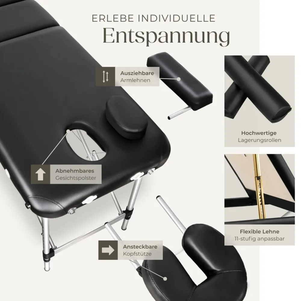 TecTake ® 3 Zonen Massageliege-Set, Breite 60 cm, Polsterung 5 cm, mit Aluminiumgestell, 210 x 95 x 89 cm schwarz New