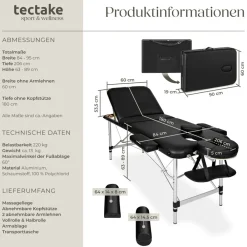 TecTake ® 3 Zonen Massageliege-Set, Breite 60 cm, Polsterung 5 cm, mit Aluminiumgestell, 210 x 95 x 89 cm schwarz New