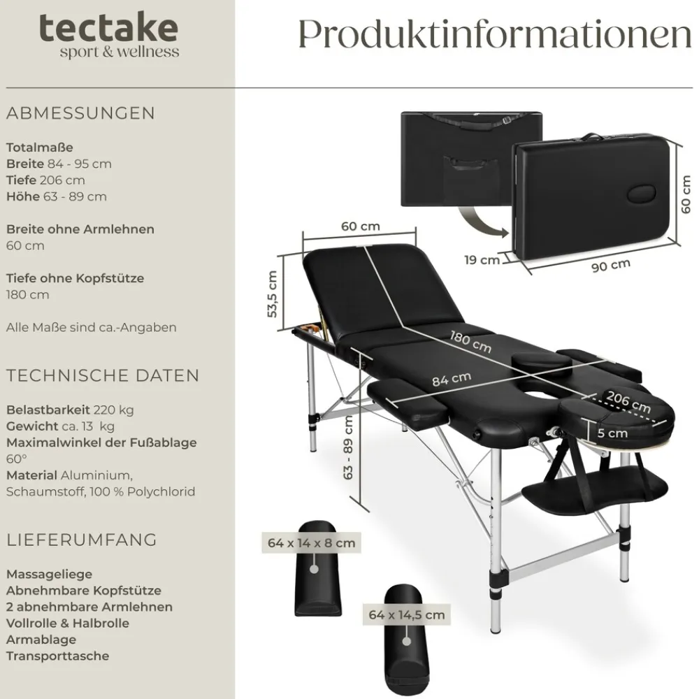 TecTake ® 3 Zonen Massageliege-Set, Breite 60 cm, Polsterung 5 cm, mit Aluminiumgestell, 210 x 95 x 89 cm schwarz New